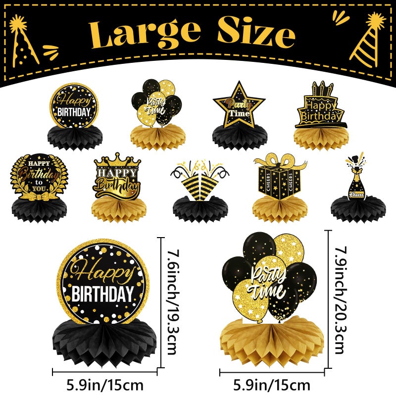 PatiCool 9 PCS Happy Birthday Party Table Decorations | Black and Gold Birthday Center Pieces for Table | Birthday Honeycomb Table Centerpieces | Reusable Birthday Table Toppers for Girls Boys Women Men - Image 3