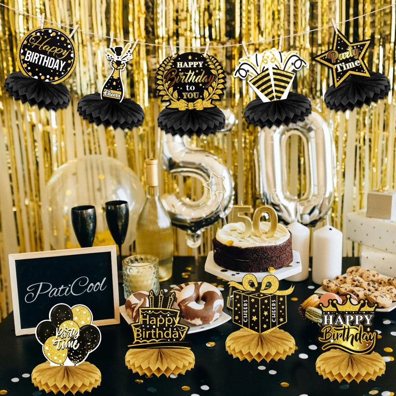 PatiCool 9 PCS Happy Birthday Party Table Decorations | Black and Gold Birthday Center Pieces for Table | Birthday Honeycomb Table Centerpieces | Reusable Birthday Table Toppers for Girls Boys Women Men - Image 2