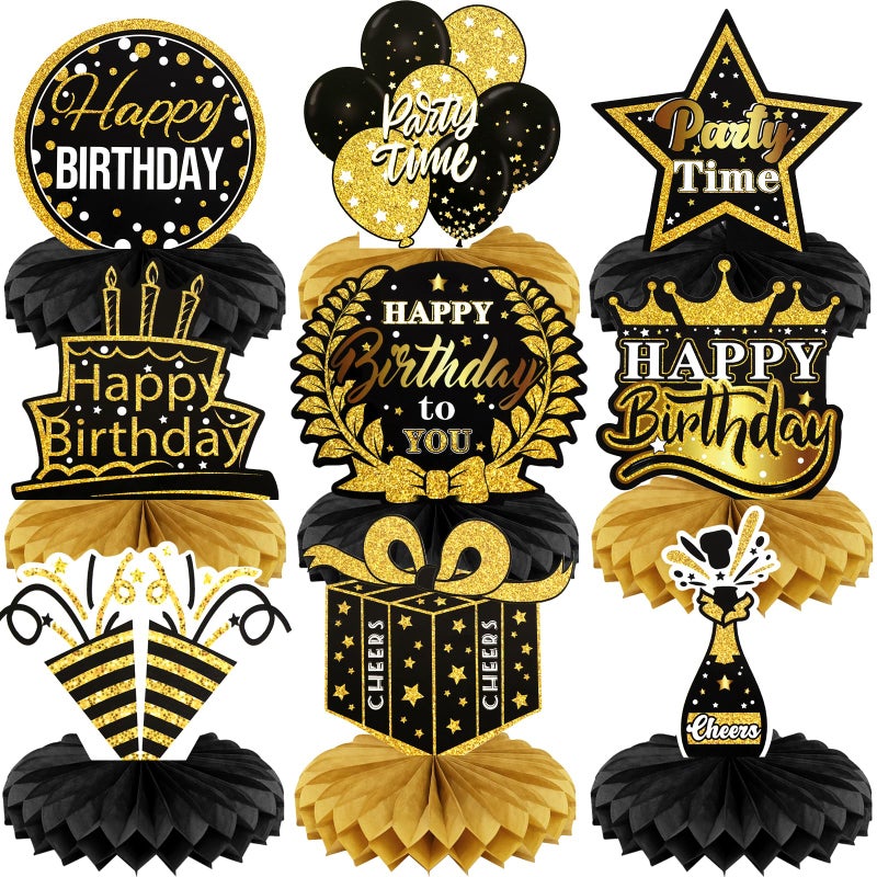 PatiCool 9 PCS Happy Birthday Party Table Decorations | Black and Gold Birthday Center Pieces for Table | Birthday Honeycomb Table Centerpieces | Reusable Birthday Table Toppers for Girls Boys Women Men - Image 1