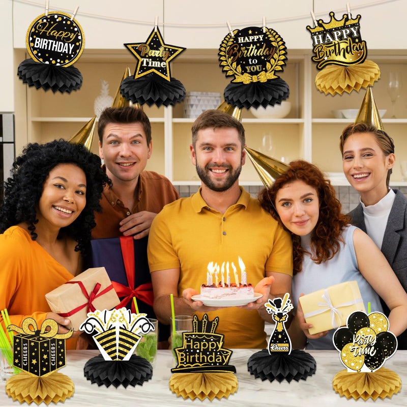 PatiCool 9 PCS Happy Birthday Party Table Decorations | Black and Gold Birthday Center Pieces for Table | Birthday Honeycomb Table Centerpieces | Reusable Birthday Table Toppers for Girls Boys Women Men - Image 5