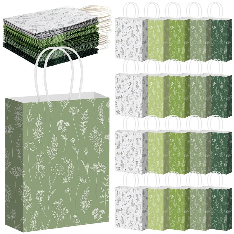 Kolldenn 50 Pcs Sage Green Wildflower Gift Bags with Handles Paper Floral Goodie Welcome Bag for Wedding Guest Baby Shower Bridal Birthday Party Favor, 5.91 x 3.15 x 8.27 Inches - Image 1