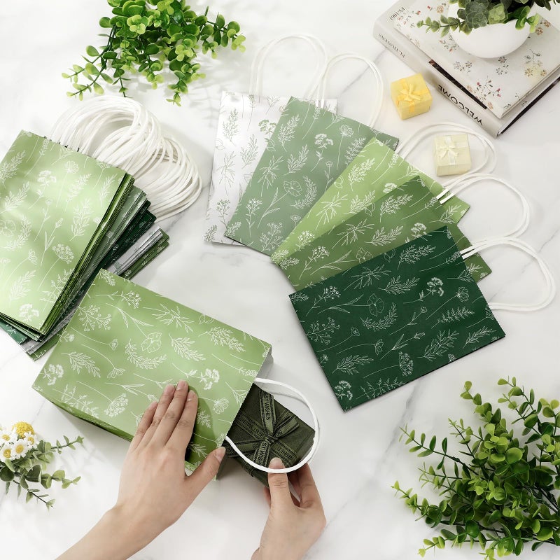 Kolldenn 50 Pcs Sage Green Wildflower Gift Bags with Handles Paper Floral Goodie Welcome Bag for Wedding Guest Baby Shower Bridal Birthday Party Favor, 5.91 x 3.15 x 8.27 Inches - Image 4