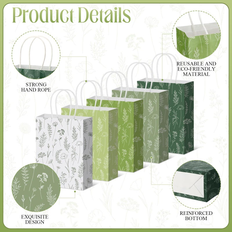 Kolldenn 50 Pcs Sage Green Wildflower Gift Bags with Handles Paper Floral Goodie Welcome Bag for Wedding Guest Baby Shower Bridal Birthday Party Favor, 5.91 x 3.15 x 8.27 Inches - Image 2