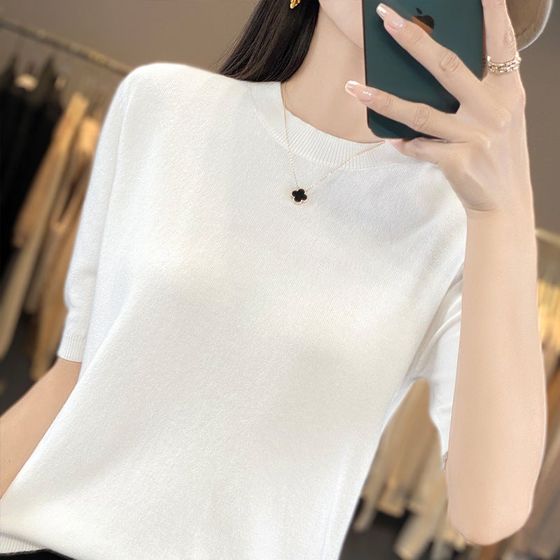 Core-Spun Yarn Short-Sleeved T-Shirt Women'S 2025 Spring New Round Neck Thin Knitted Top Breathable Temperament High-End - Image 2