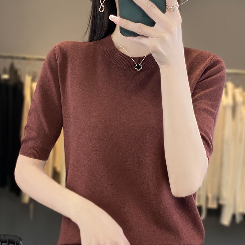 Core-Spun Yarn Short-Sleeved T-Shirt Women'S 2025 Spring New Round Neck Thin Knitted Top Breathable Temperament High-End - Image 5