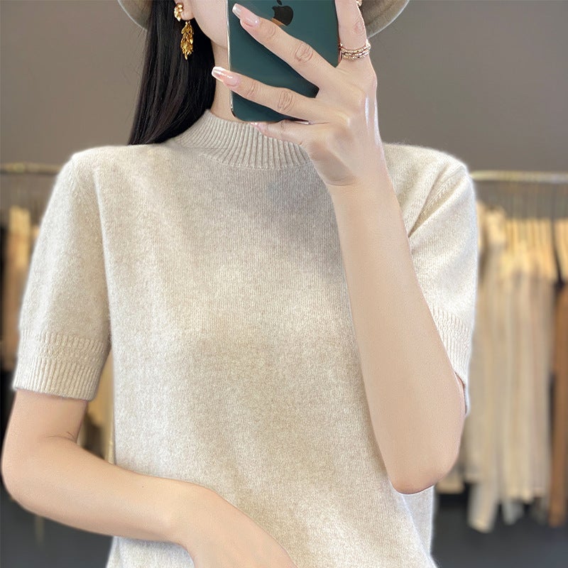 Core-Spun Yarn Short-Sleeved T-Shirt Women'S 2025 Spring New Round Neck Thin Knitted Top Breathable Temperament High-End - Image 1