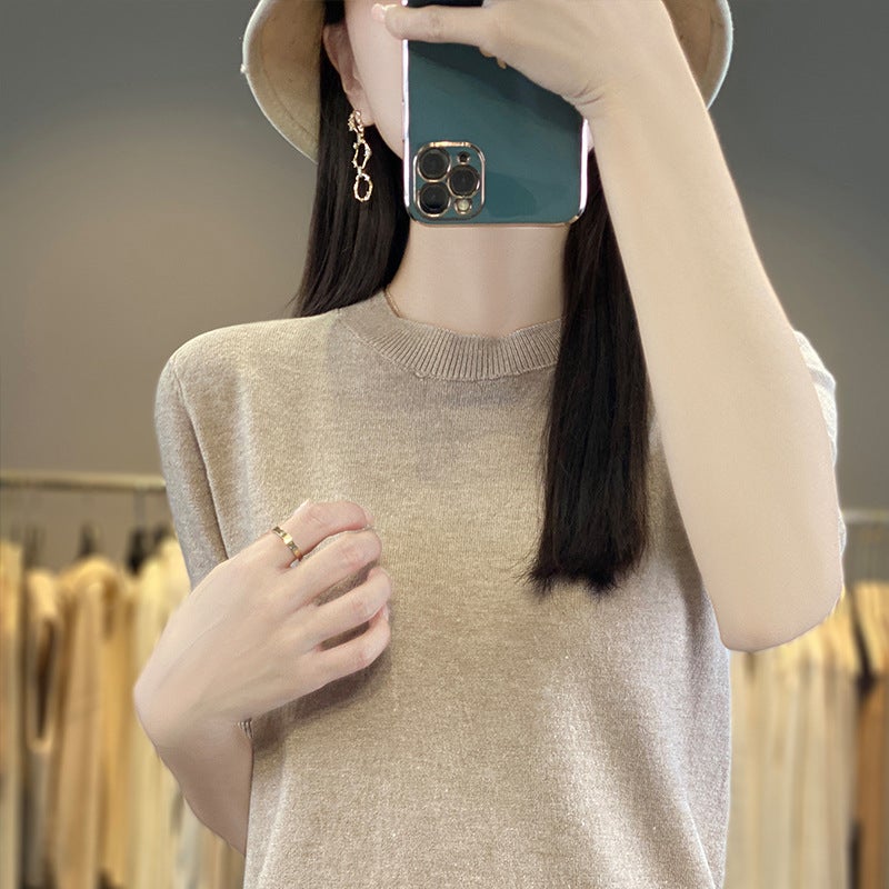 Core-Spun Yarn Short-Sleeved T-Shirt Women'S 2025 Spring New Round Neck Thin Knitted Top Breathable Temperament High-End - Image 3