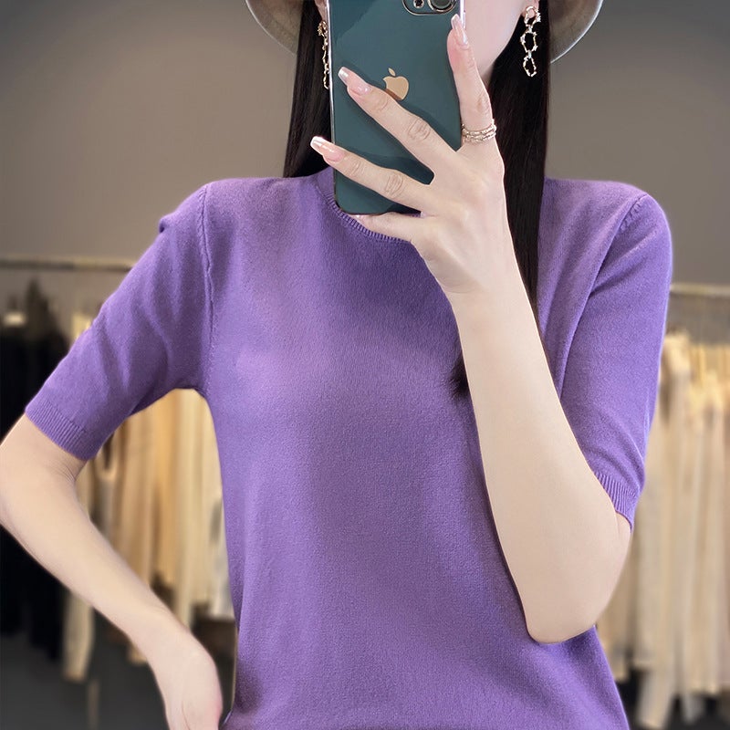 Core-Spun Yarn Short-Sleeved T-Shirt Women'S 2025 Spring New Round Neck Thin Knitted Top Breathable Temperament High-End - Image 4