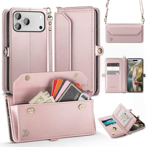 DJBull for iPhone 17 Pro Max 6.9" Wallet Case with Card Holder, Shoulder and Wristlet Straps, Soft PU Leather, Magnetic Snap, Flip Phone Case for Women Men for Apple 17 Pro Max Rose Gold - Image 1