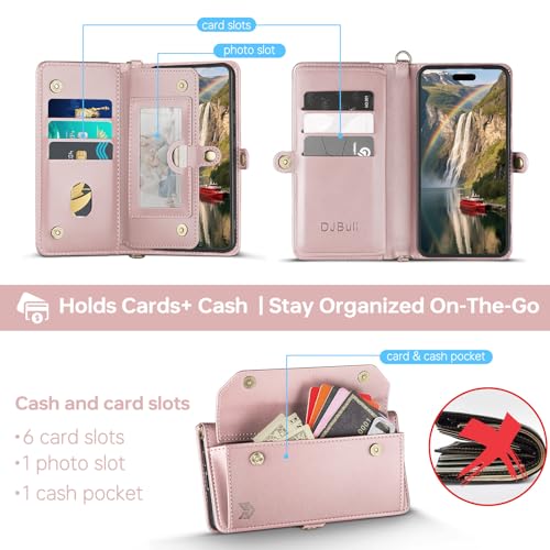 DJBull for iPhone 17 Pro Max 6.9" Wallet Case with Card Holder, Shoulder and Wristlet Straps, Soft PU Leather, Magnetic Snap, Flip Phone Case for Women Men for Apple 17 Pro Max Rose Gold - Image 5