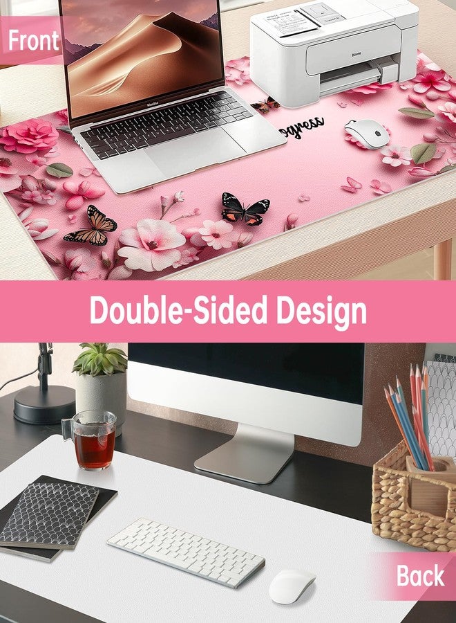 Aphlos PU Leather Desk Mat Blotter,Cute Pink Desk Mat for Office, Home,School,Keyboard,Mouse,15.7"x31.5" Large Non-Slip Writing Mat with Travel Storage Strap, Waterproof Easy to Clean (Pink Butterfly) - Image 2