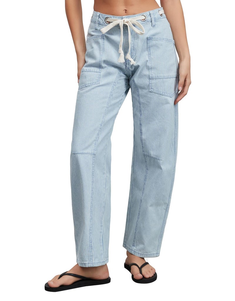 Kedera Striped Barrel Jeans for Women Trendy Mid Rise Baggy Drawstring Pants Casual Wide Leg Boyfriend Mom Jean - Image 1