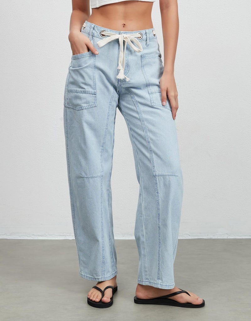 Kedera Striped Barrel Jeans for Women Trendy Mid Rise Baggy Drawstring Pants Casual Wide Leg Boyfriend Mom Jean - Image 3