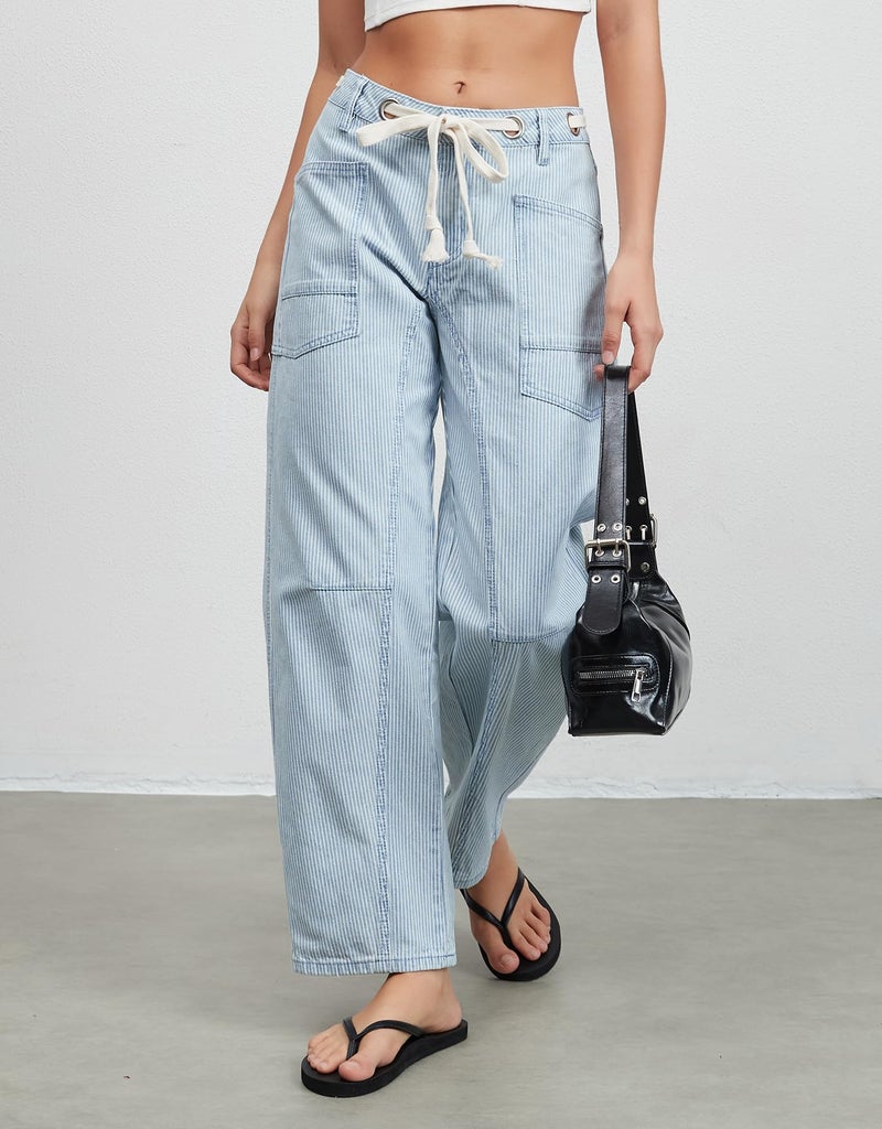 Kedera Striped Barrel Jeans for Women Trendy Mid Rise Baggy Drawstring Pants Casual Wide Leg Boyfriend Mom Jean - Image 4