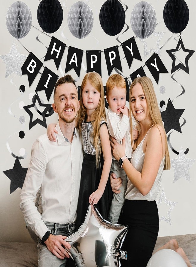 زينة عيد ميلاد رائعة، لافتة عيد ميلاد سعيد مع كرات على شكل خلية نحل، شريط زينة حلزوني معلق على شكل نجمة، إكليل دائري من النقاط، زينة حفلة عيد ميلاد سعيد للنساء والرجال والأولاد والبنات (أسود وفضي) - Image 3