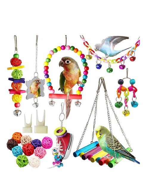 19-Piece Bird Swing Chewing Toy Set With Hammock Bell Multicolour
