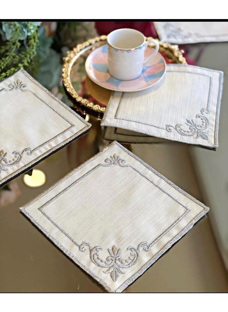 Bonny Home Angular Gray 6-Piece Cocktail Coffee Presentation Napkin Maraş Work Silver Embroidery Gardenia Presentation Napkin 