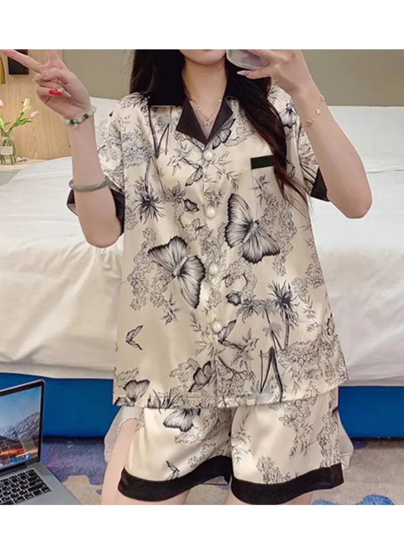 Women's Butterfly Print Pajama Set, Short Sleeve Button-Up Top with Shorts, Black Contrast Trim, Cream and Grey - pzsku/Z5F935AD012F54E24382BZ/45/_/1738243544/f85ace39-83c6-4d09-b207-18b087929983