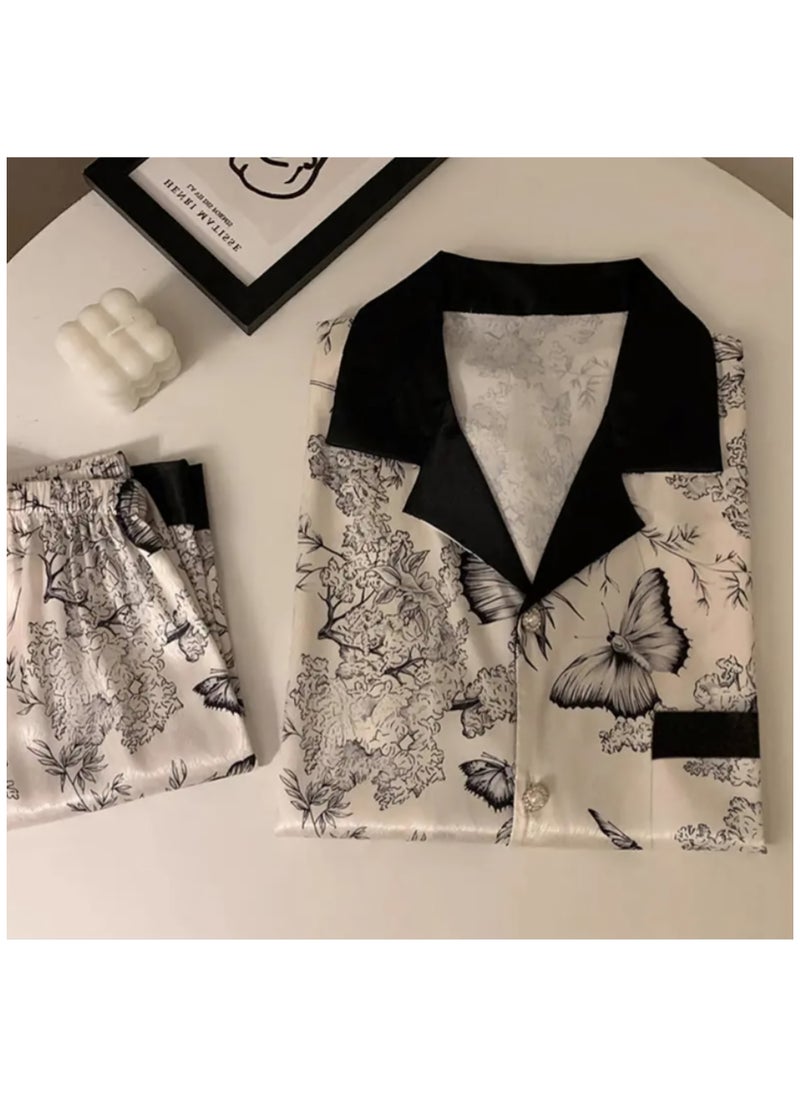 Women's Butterfly Print Pajama Set, Short Sleeve Button-Up Top with Shorts, Black Contrast Trim, Cream and Grey - pzsku/Z5F935AD012F54E24382BZ/45/_/1738243585/daac1106-27bd-44f0-97bb-83bebdf72d24