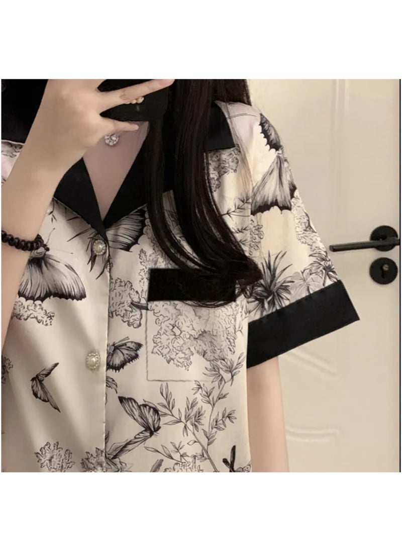 Women's Butterfly Print Pajama Set, Short Sleeve Button-Up Top with Shorts, Black Contrast Trim, Cream and Grey - pzsku/Z5F935AD012F54E24382BZ/45/_/1738243595/9b553b28-0c05-4176-a11d-2ad34b5458d1