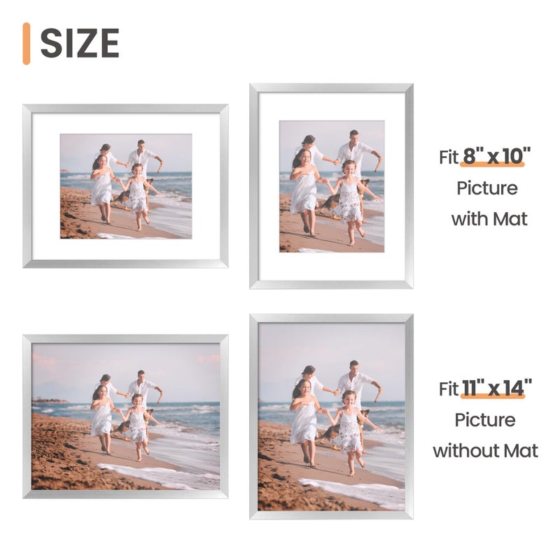 upsimples 11x14 Picture Frame Set of 5, Display Pictures 8x10 with Mat or 11x14 Without Mat, Wall Gallery Photo Frames, Silver - Image 5