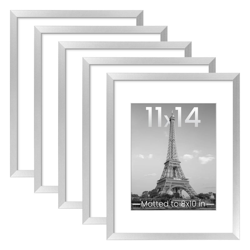 upsimples 11x14 Picture Frame Set of 5, Display Pictures 8x10 with Mat or 11x14 Without Mat, Wall Gallery Photo Frames, Silver - Image 1
