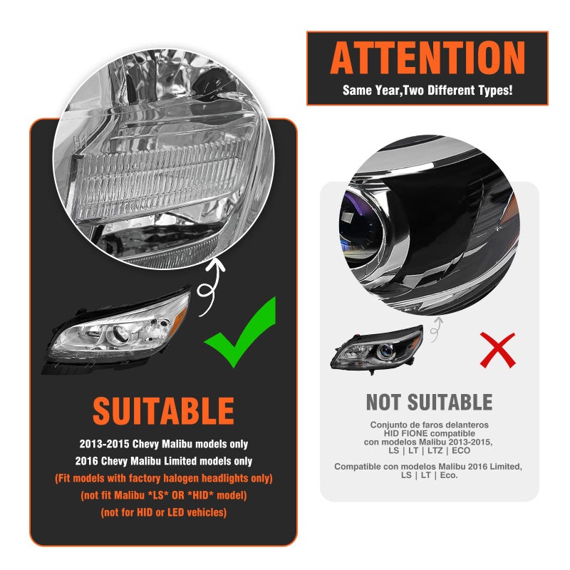 AXLAHA Headlights Assembly for 2013 2014 2015 Chevy Malibu 4-Door LT/LTZ fit 2016 Chevy Malibu Limited Headlamp with Factory Halogen 4 Door Sedan Chrome Housing Driver & Passenger Side(No Bulb) - Image 2