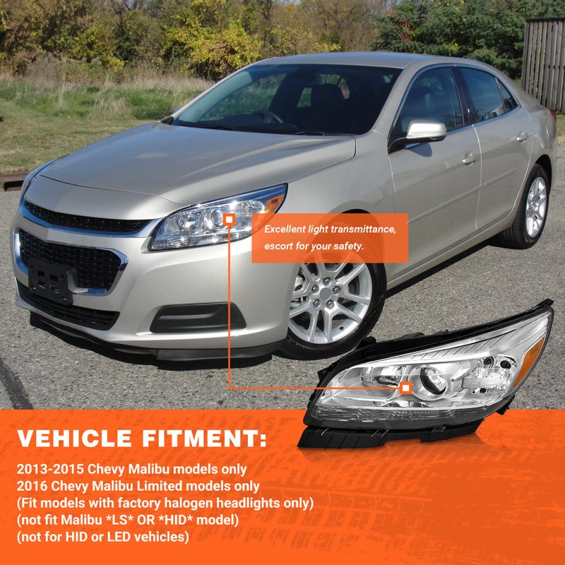 AXLAHA Headlights Assembly for 2013 2014 2015 Chevy Malibu 4-Door LT/LTZ fit 2016 Chevy Malibu Limited Headlamp with Factory Halogen 4 Door Sedan Chrome Housing Driver & Passenger Side(No Bulb) - Image 3