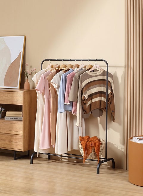 Black Clothes Hanger-Single-Durable Space Saving Garment Hats and Coats Rack with Shoe Shelf Storage Organizer, Freestanding Closet Rail with Shoe Rack-for Dorms, Bedrooms, Entryways, Hallways