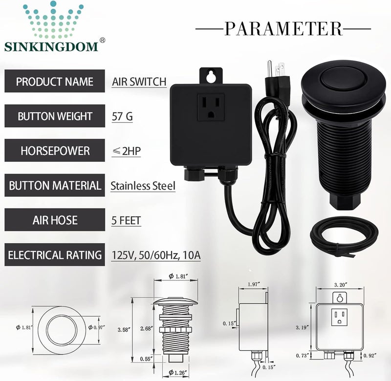 SINKINGDOM Garbage Disposal SinkTop Air Switch Kit with Long Button,Brass Made Cover,UL,Matte Black - Image 2