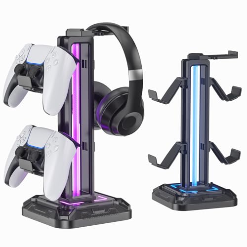 KDD RGB Headset Stand with 9 Light Modes - Controller Holder for Desk - Rotatable Headphone Stand & Detachable Controller Hook for PC Earphone Accessories(Black) - Image 1