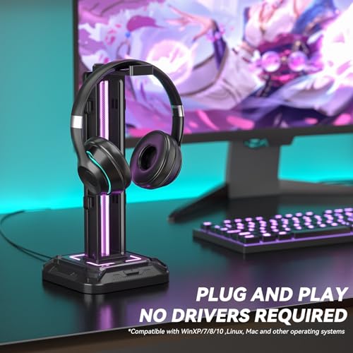 KDD RGB Headset Stand with 9 Light Modes - Controller Holder for Desk - Rotatable Headphone Stand & Detachable Controller Hook for PC Earphone Accessories(Black) - Image 2