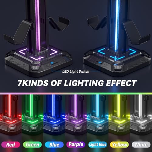 KDD RGB Headset Stand with 9 Light Modes - Controller Holder for Desk - Rotatable Headphone Stand & Detachable Controller Hook for PC Earphone Accessories(Black) - Image 3