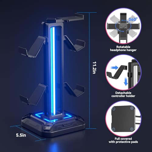 KDD RGB Headset Stand with 9 Light Modes - Controller Holder for Desk - Rotatable Headphone Stand & Detachable Controller Hook for PC Earphone Accessories(Black) - Image 4