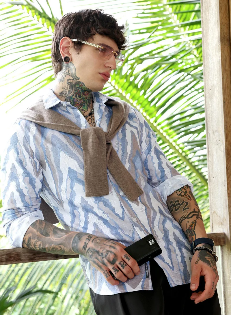 Campus Sutra Men's Icy Blue:Cream White Pastel-Geometric Jacquard Shirt