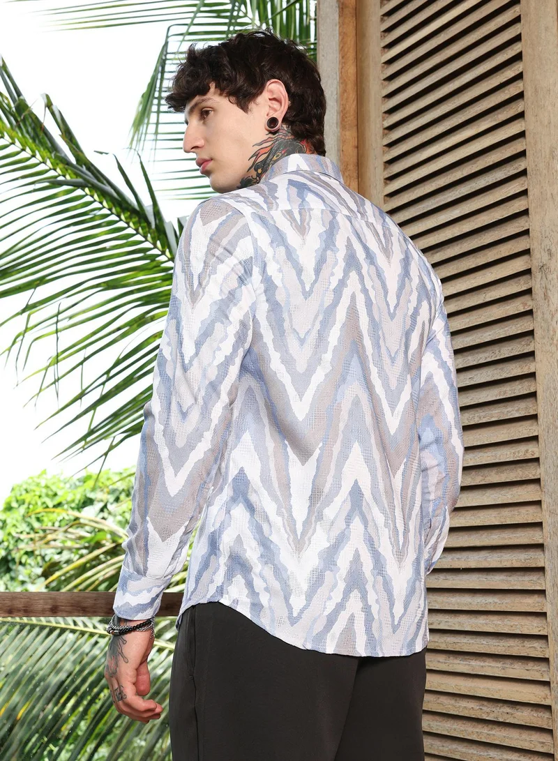 CAHOOT  Men's Icy Blue:Cream White Pastel-Geometric Jacquard Shirt for Men | Best Price UAE