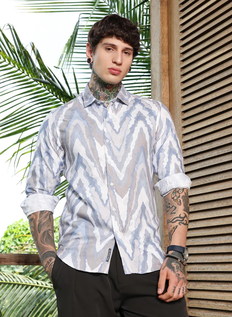 Campus Sutra Men's Icy Blue:Cream White Pastel-Geometric Jacquard Shirt