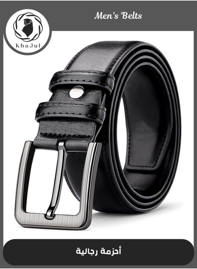 خاجول أحزمة رجالية من الجلد الطبيعي، مصنوعة يدويًا من جلد البقر، ملابس كلاسيكية غير رسمية للعمل، للاستخدام الرسمي والمكتبي (أسود) - Image 1