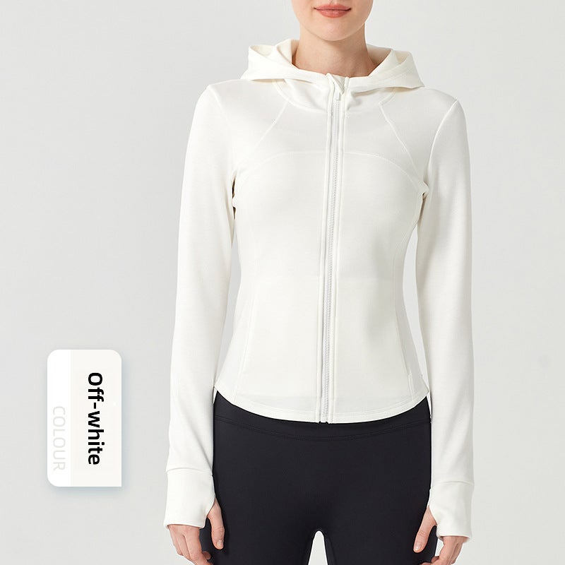 Womens Slim Fit Hooded Zipper Sportswear Yoga Jacket for Running Clay Powder  - Image 3
