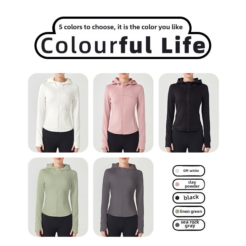 Womens Slim Fit Hooded Zipper Sportswear Yoga Jacket for Running Clay Powder  - Image 5