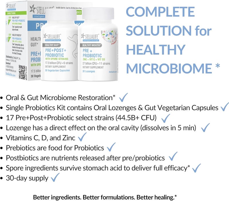 StellaLife Probiotics Oral  Gut Prebiotics Post Probiotics Kit 445B CFU 11 Oral  6 Gut Spore strains for Digestive  Dental Health Bad Breath Treatment Tongue Hygiene Strawberry Flavor 30day - Image 3