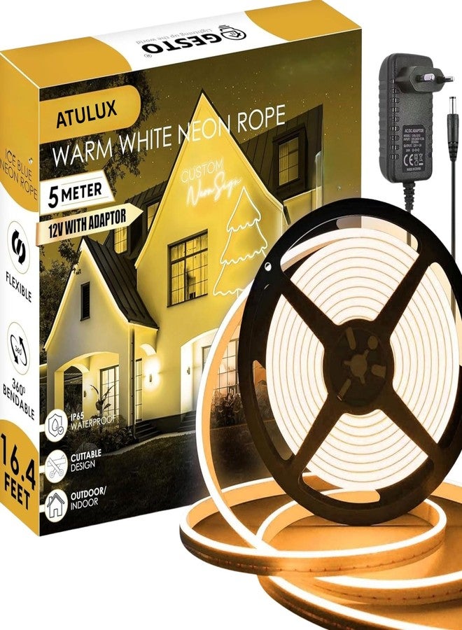 ATULUX 5M Warm White Neon LED Strip Light with Adapter | IP65 Waterproof Flexible Silicone Rope Light | 12V LED for Home Décor, Bedroom, TV Backlight - Image 1