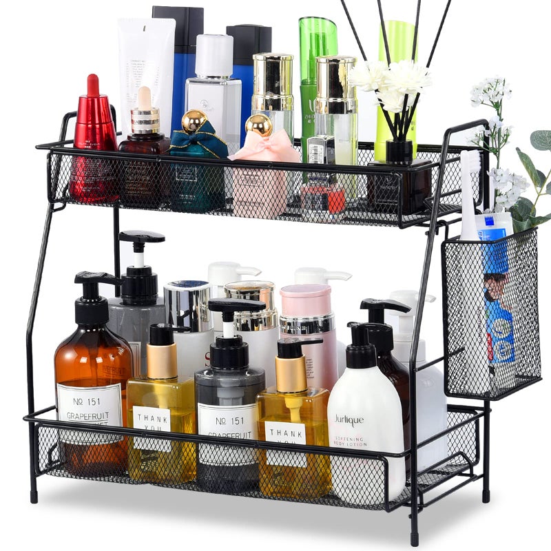 LEMIKKLE Large Countertop Organizer for Bathroom Counter Bathroom Organizers and Storage Under Sink Organizer Spice Rack Organizer for Kitchen with BasketBlack