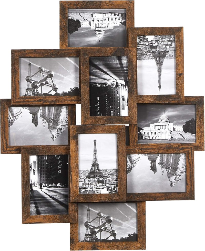 Collage Picture Frames for 10 Photos in 10 x 15 cm, Assembly Required, Collage Multiple Photos, Wall Mounted, PS Front, Wooden Grain, Rustic Brown RPF020X01 - Image 1