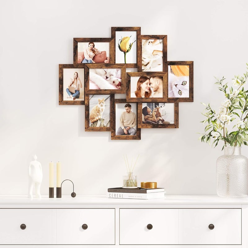 Collage Picture Frames for 10 Photos in 10 x 15 cm, Assembly Required, Collage Multiple Photos, Wall Mounted, PS Front, Wooden Grain, Rustic Brown RPF020X01 - Image 3