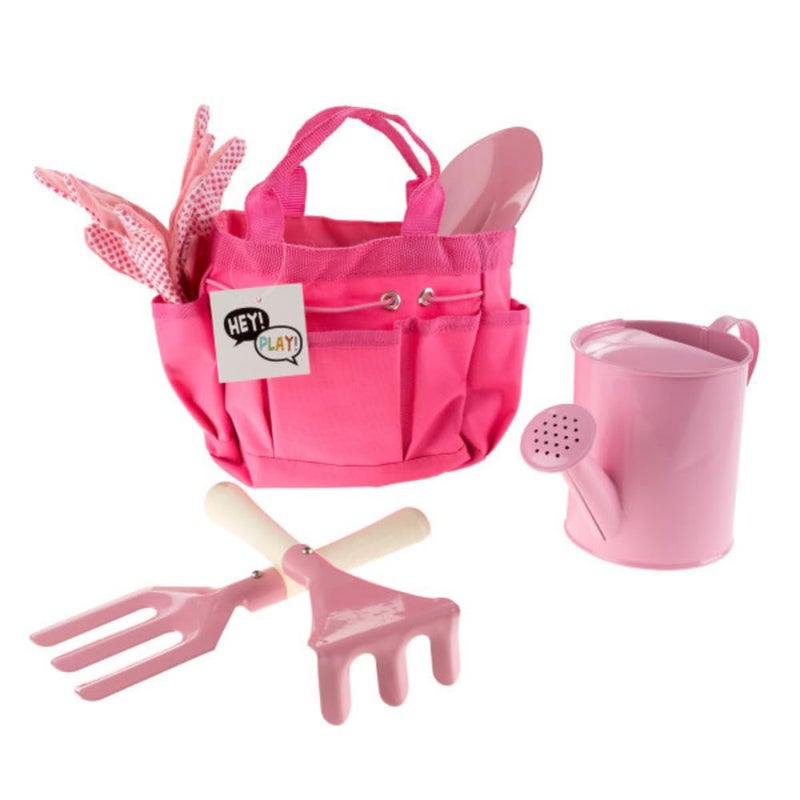 Hey! Play! Kid’s Garden Tool Set with Child Safe Shovel, Rake, Fork, Gloves, Watering Can and Canvas Tote- Mini Gardening Kit for Boys and Girls , Pink 4 x 7 x 6 inches - Image 1