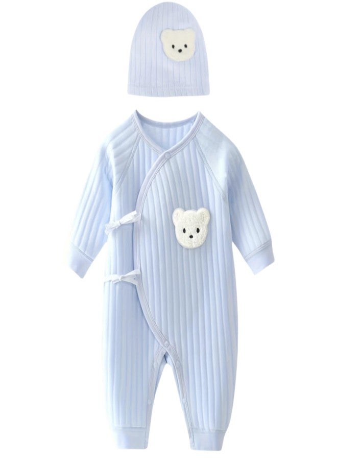 Babyfond بدلة أطفال حديثي الولادة مع قبعة، مصنوعة من القطن بنسبة 100%، بتصميم دب لطيف، بأكمام طويلة، ملابس ناعمة ومريحة للأطفال حديثي الولادة (أزرق، من 0 إلى 1 شهر) - Image 1