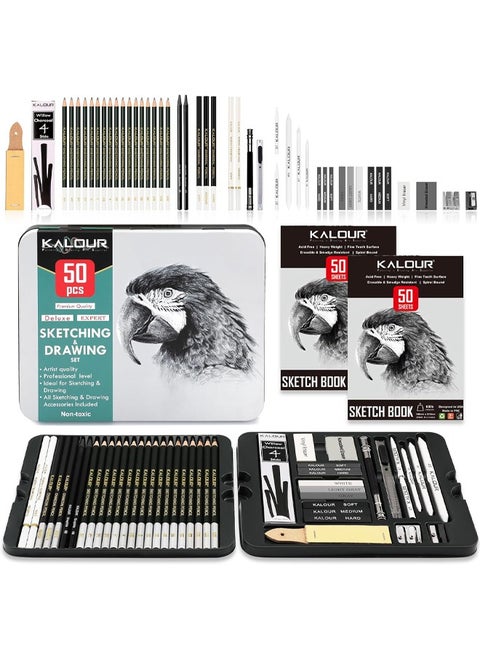 KALOUR 52-Pack Sketch Drawing Pencils Kit with Two Sketchbook,Tin Box,Include Graphite,Charcoal and Artists Tools for Adults Beginner Kids