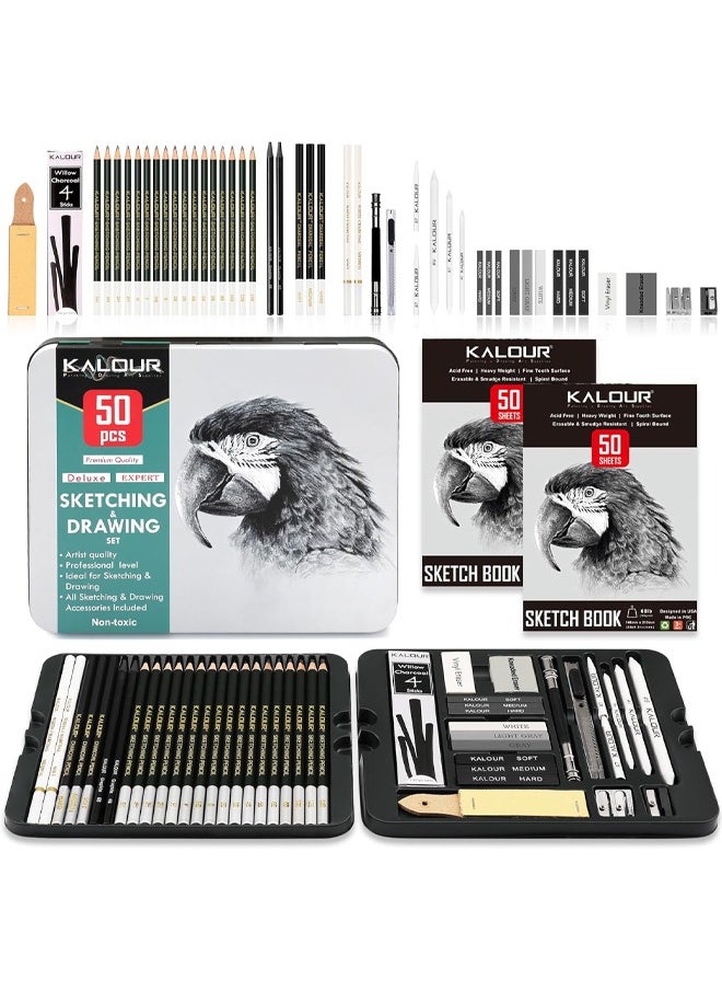 KALOUR KALOUR 52-Pack Sketch Drawing Pencils Kit with Two Sketchbook,Tin Box,Include Graphite,Charcoal and Artists Tools for Adults Beginner Kids  - Image 1
