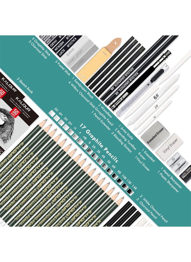 KALOUR KALOUR 52-Pack Sketch Drawing Pencils Kit with Two Sketchbook,Tin Box,Include Graphite,Charcoal and Artists Tools for Adults Beginner Kids  - Image 2